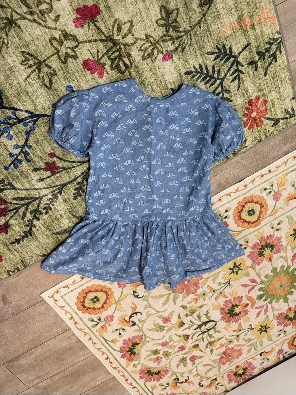 Tea Collection Girl’s Denim Blue Rainbow Puff-Sleeve Dress Size 7 100% Cotton